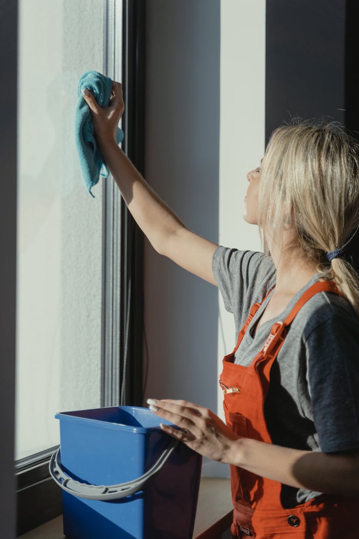 why-choose-us A woman in overalls cleans a window with a cloth in natural light.